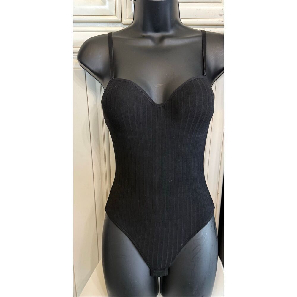 JLuxlabel Women's Demi Bustier Ribbed Padded Thong Bodysuit Black Size Small